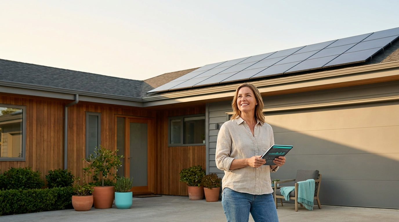 Homeowner looking up at rooftop solar panels while holding a tablet, calm and confident, in a suburban driveway on a sunny afternoon.