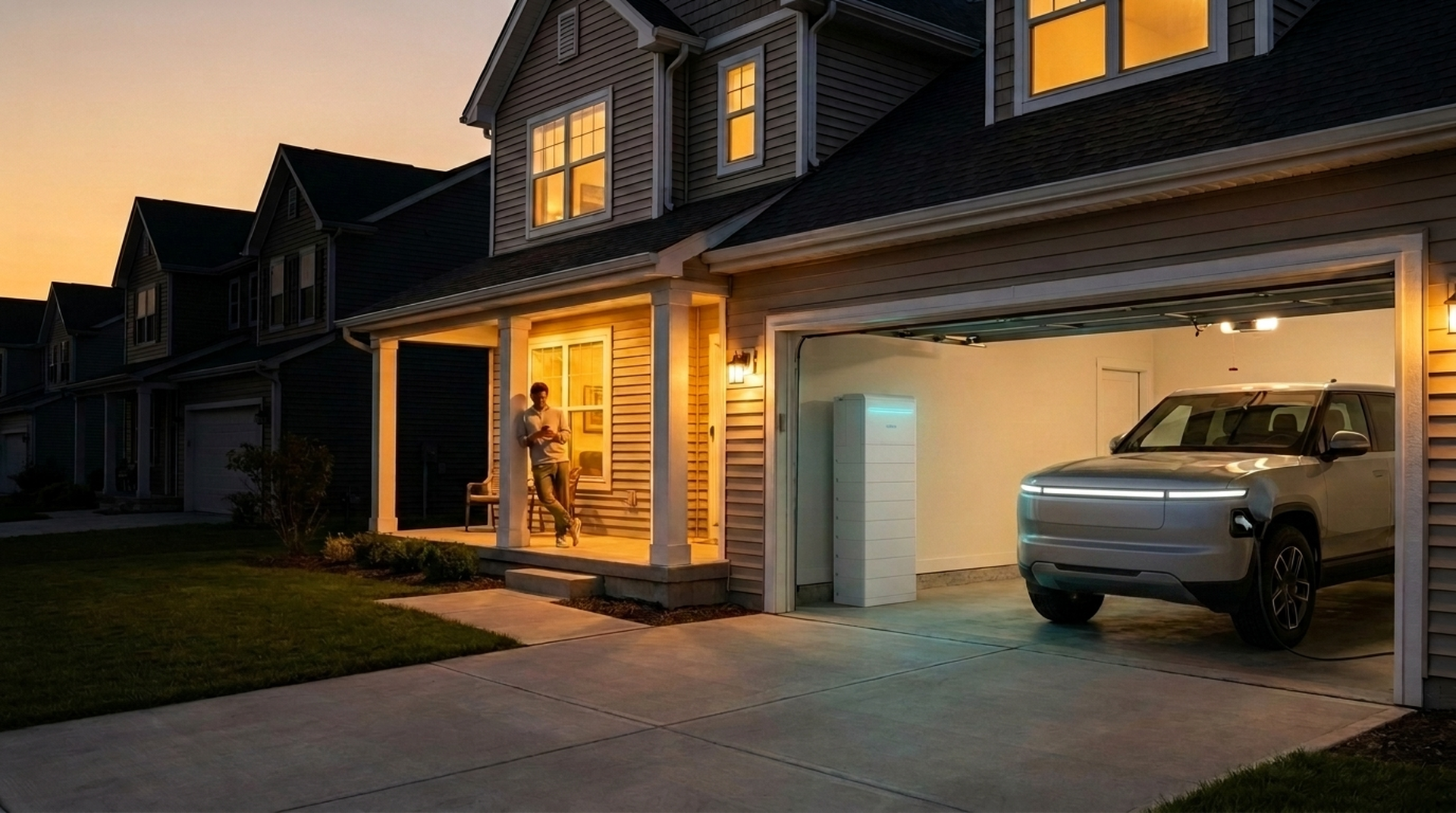 Homeowner checking home energy app on porch of lit house during neighborhood power outage with EV in driveway connected to a bidirectional charger.