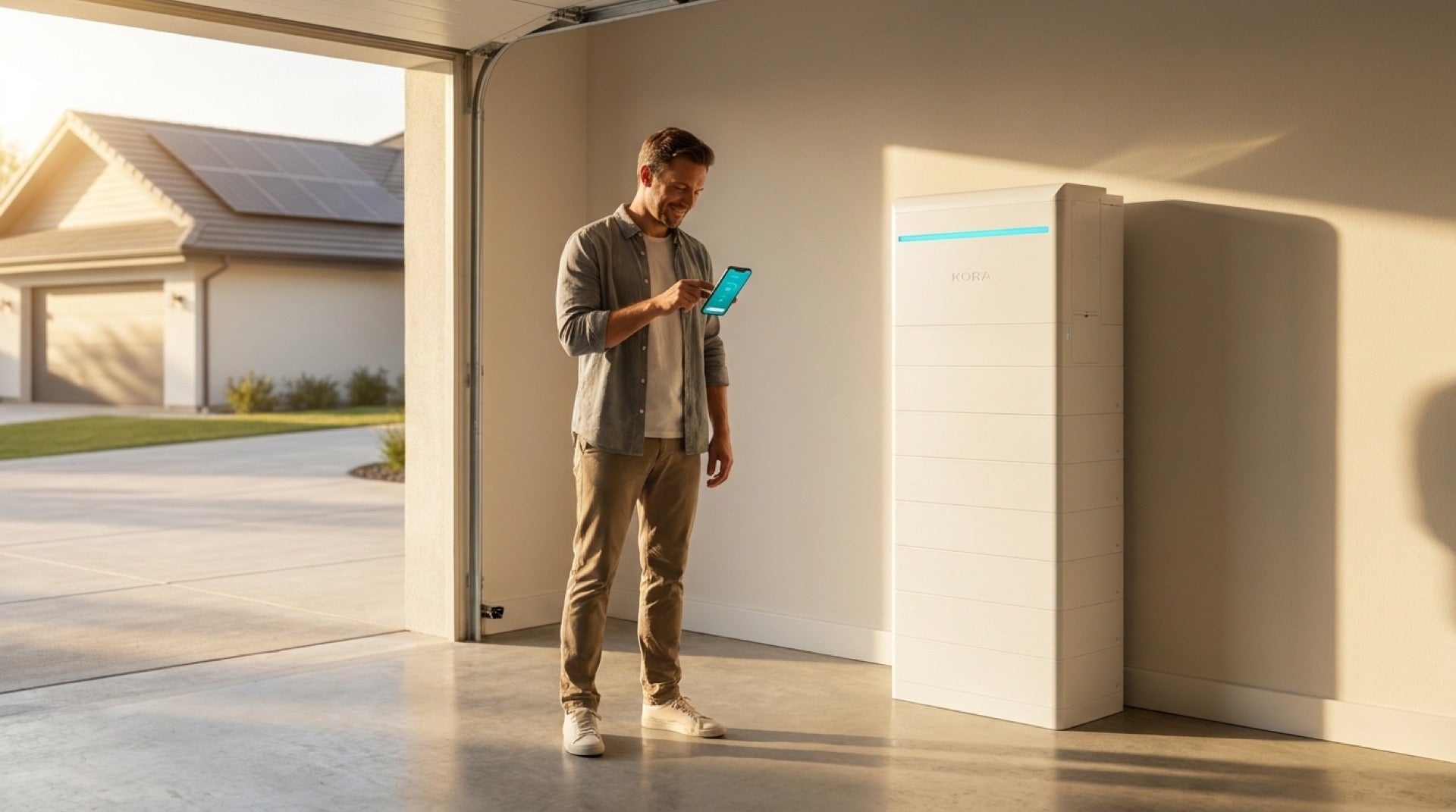 Homeowner in a garage beside a Kora Powerblocks battery stack checking the Power App on a smartphone with a solar home visible in background.
