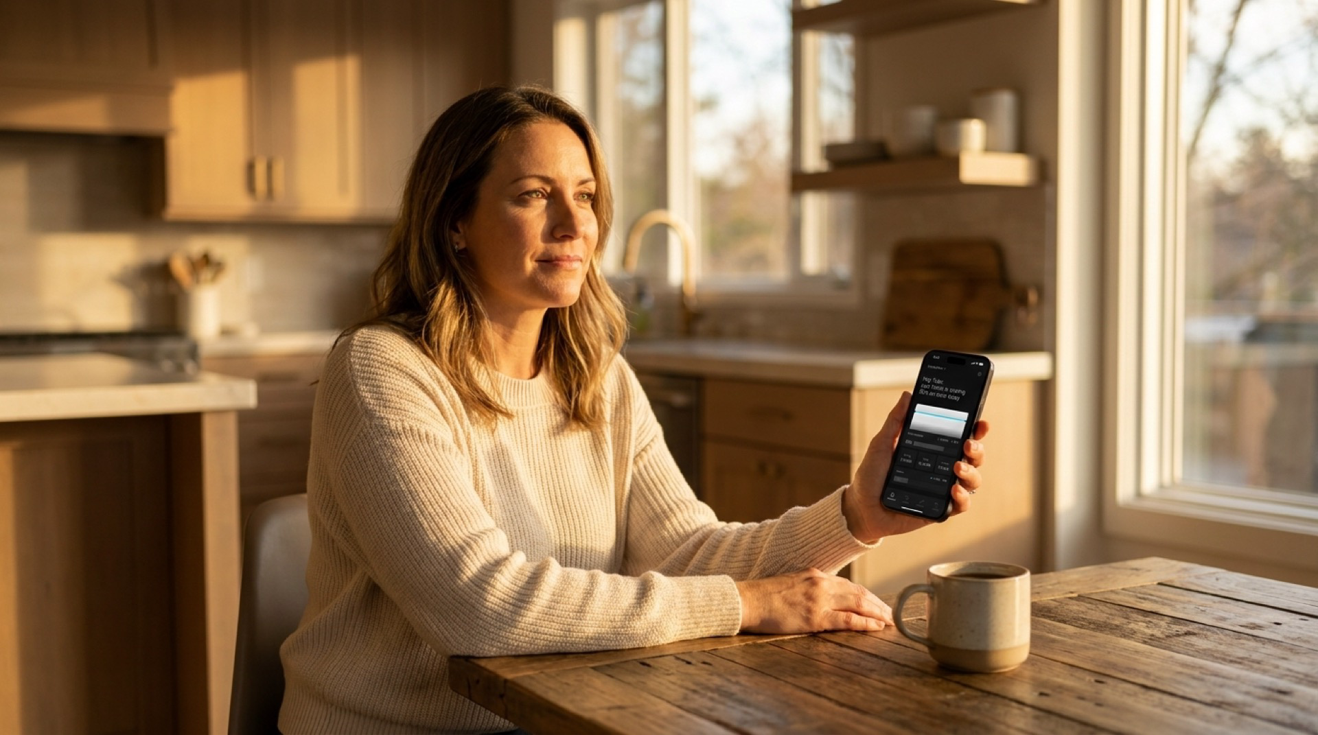 Homeowner reviewing a home energy app on a tablet at a kitchen table in the evening, showing battery state of charge and circuit priorities.