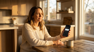 Homeowner reviewing a home energy app on a tablet at a kitchen table in the evening, showing battery state of charge and circuit priorities.