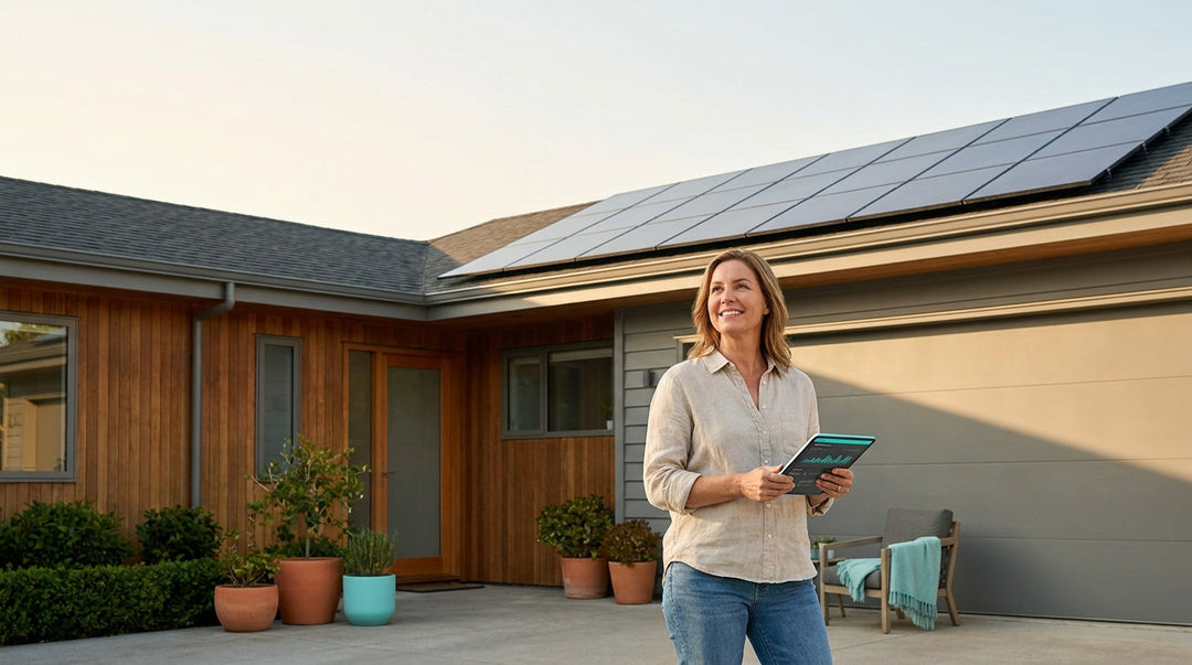 Homeowner looking up at rooftop solar panels while holding a tablet, calm and confident, in a suburban driveway on a sunny afternoon.