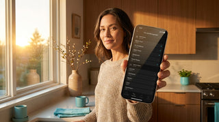 Homeowner at home in evening light checking the Kora app Circuits Management screen showing paused EV charger and dryer circuits and active essential circuits during a power outage.