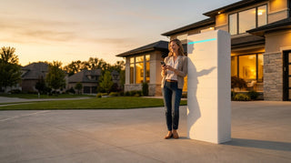 Homeowner beside outdoor-rated home battery system checking an energy app at dusk, neighborhood lights visible in background, confident and prepared mood.