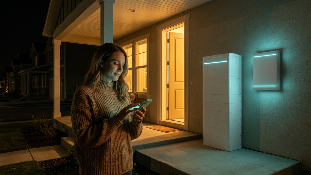 Homeowner at night checking home energy app showing battery backup status and circuit priorities during a neighborhood power outage.