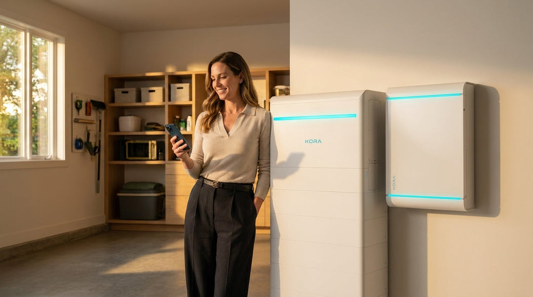 Homeowner beside a Kora Powerblocks battery and Smart Panel checking the Power App showing home energy flow.