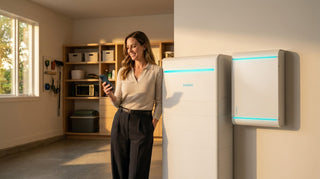 Homeowner beside a Kora Powerblocks battery and Smart Panel checking the Power App showing home energy flow.